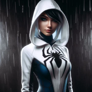 Spider-Gwen wearing a white hooded sweatshirt with a Spider-Man...