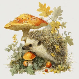 Hedgehog with mushroom, vintage art, autumn colors, white backgr...