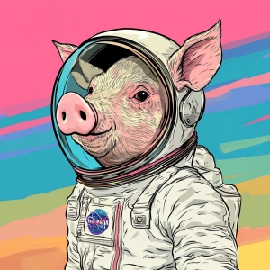 Cute cartoon pig in vintage white spacesuit and NASA style helme...
