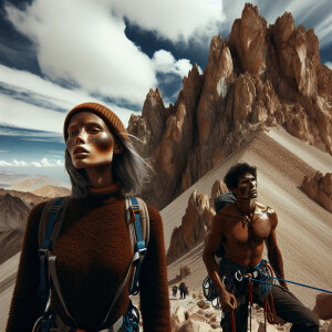 Rusty girl and skinny man climb on high mountains
