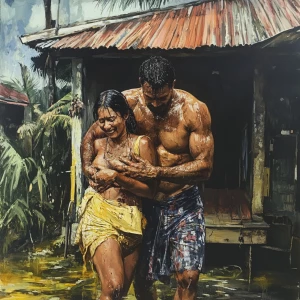 realistic painting,a muscular sweaty man carrying his 48 year ol...