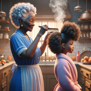 Create a realistic 3-D image of an african-American grandmother wearing a blue house dress and a white apron . She is in the kitchen with her african-American granddaughter. Her granddaughter is wearing a pink bath robe. The grandmother has a hot comb in her hand and she is straightening her granddaughters hair. One side of her granddaughters hair is in  a Afro the other straight 
There is smoke coming from the hot comb
The granddaughter is making a face