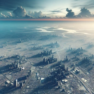 Create a piece of art that showcases an aerial perspective, depi...