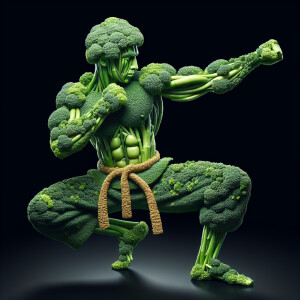 Create an image of a figure  bruce lee composed entirely of gree...