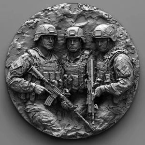 Design a high-contrast grayscale 3d bas relief of three marine soldiers, The composition should be circular like a coin emblem, designed for CNC routing with balanced lighting to accentuate fine details, sharp edges, and distinct textures. Employ deep shadows and strong highlights to define planes and surfaces clearly.