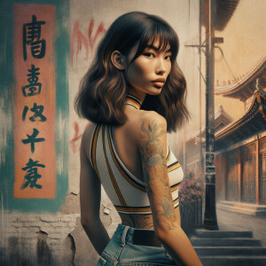 Athletic Thin skinny Attractive, Asian teenage girl, long brown hair and bangs, wearing tight skinny jeans and a halter top paint marks on her clothing, heroic pose Asian graffiti background, backside view