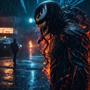 horrorcore effect image of venom standing in a firey heavy rain...