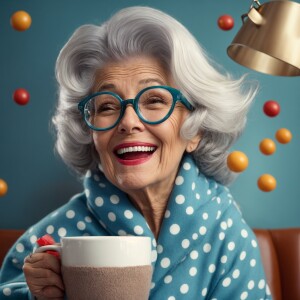 3d realistic image of a 60s grandma with tousled grey hair and b...