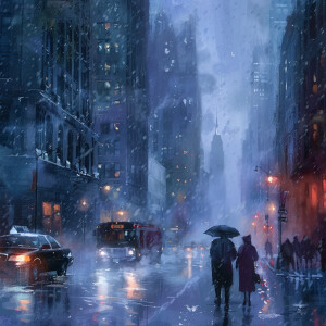 Night on Manhattan Street, winter, fog, Pissarro style, 2024