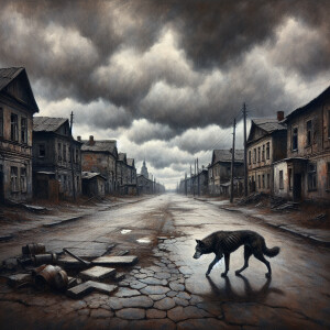 Old soviet city, gray sky, lonely wild dog wolking araund the st...