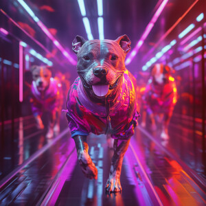 Pit bulls strut down a runway, adorned in dynamic athletic sport...