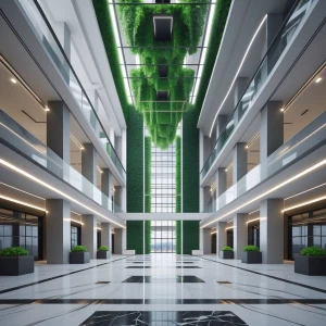 A modern skyscraper lobby with marble floors, glass walls, and a...