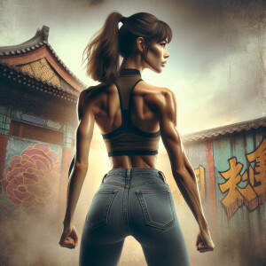 Athletic Thin skinny Attractive, Asian teenage girl, long brown hair and bangs, wearing tight skinny jeans and a halter top paint marks on her clothing, heroic pose Asian graffiti background, backside view