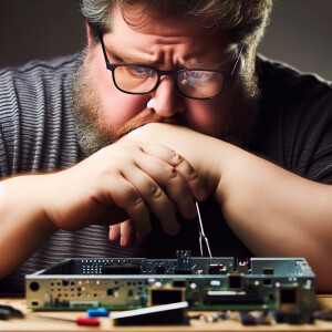 Sad fat man fixing computer without glasses