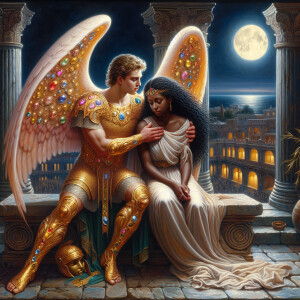 Create an oil painting image featuring a male angel and a grievi...