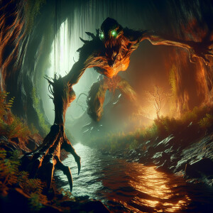 A monster coming out from the creek, glowing eyes, reaching out,...