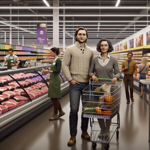 "Create a scene depicting the twentieth frame in a supermarket....