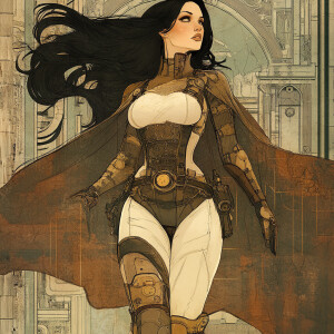 illustration, future, muscles, cape, hero, steampunk, long hair,...