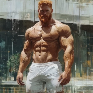 The image displays a ginger, bearded hairy chest, muscular man s...