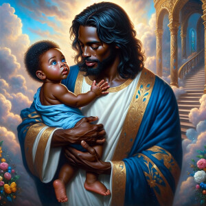 Classical oil painting style depicting an African-American Jesus...