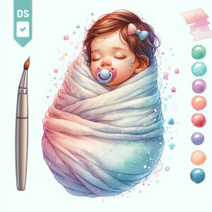 A single picture of adorable cute whimsical baby girl swaddled i...