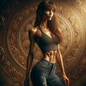 Athletic Thin skinny Attractive, Asian teenage girl, long brown hair and bangs, wearing tight skinny jeans and a halter top paint marks on her clothing, heroic pose Asian graffiti background, side view