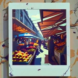 A Polaroid of a lively city street market, with vendors selling...