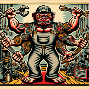 Cartoonish monster mechanic with four arms in grey coveralls hol...