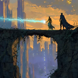 Create an image of an epic confrontation on an ancient, weathere...
