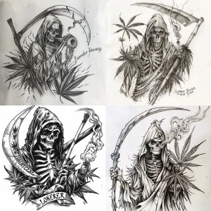 A tattoo sketch in the style of tattoo realism of Death holding...
