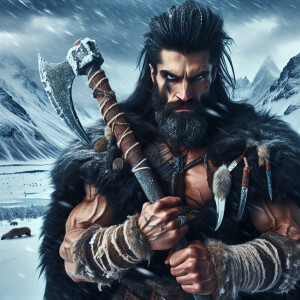 a black-haired Viking barbarian, evil face, with an icy poleaxe...