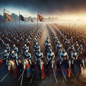 A wide-angle view of a medieval battlefield at dawn, with two ma...