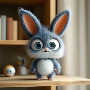 A cute designer toy character Labubu standing on a wooden shelf,...