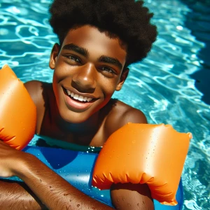 Teen boy wearing orange arm floaties in pool