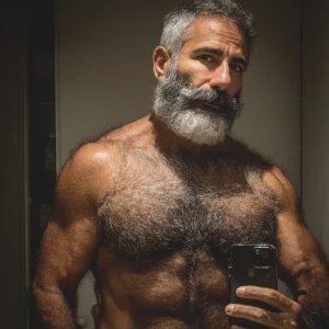 The image shows a middle-aged man with a muscular, hairy physiqu...