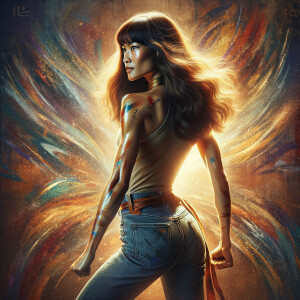 Athletic Thin skinny Attractive, Asian teenage girl, long brown hair and bangs, wearing tight skinny jeans and a halter top paint marks on her clothing, heroic pose Asian graffiti background, backside view