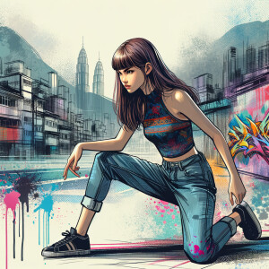 teenage girl, long brown hair and bangs, wearing tight skinny jeans and a halter top paint marks on her clothing, heroic pose Asian graffiti background, nearing on one knee