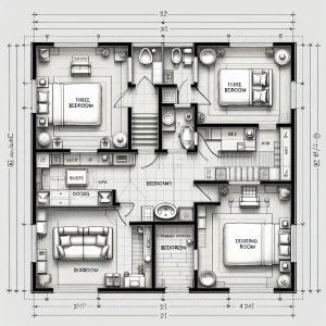 Need a residential layout plan having 3 bedrooms with attached t...