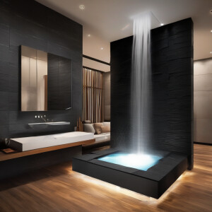 Black slate stone, floating waterfall connected through stainles...