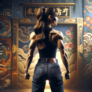 Athletic Thin skinny Attractive, Asian teenage girl, long brown hair and bangs, wearing tight skinny jeans and a halter top paint marks on her clothing, heroic pose Asian graffiti background, backside view