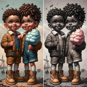 Grisaille Painting: Riding on the ferry landscape. Create a boy...