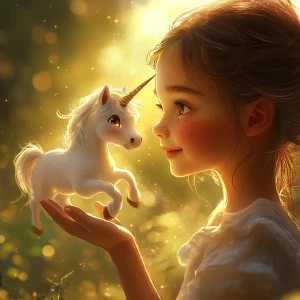 A tiny glowing unicorn, no taller than a teacup, gently trots an...
