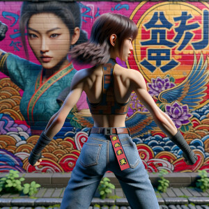 Athletic Thin skinny Attractive, Asian teenage girl, long brown hair and bangs, wearing tight skinny jeans and a halter top paint marks on her clothing, heroic pose Asian graffiti background, backside view