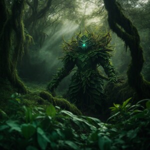 "Craft an image of a mythical plant elemental guardian rising fr...