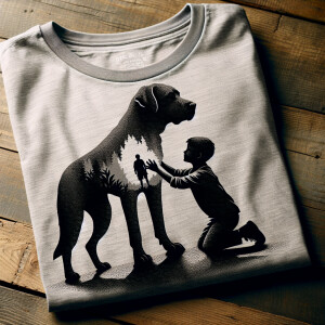 A folded gray t-shirt laid flat on a wooden surface. On the t-sh...