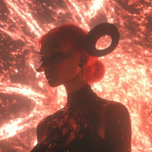 Hyper-realistic portrait of a fierce female embodying Aries with...