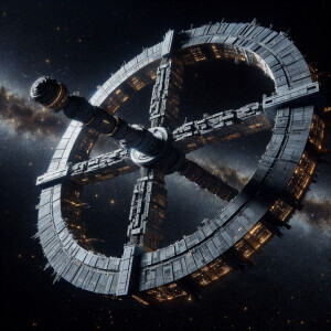 Giant space station realism black background , starry space with...