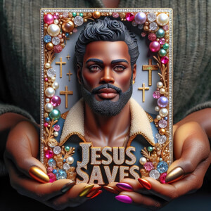 A 3D realistic artwork featuring the phrase 'Jesus Saves' adorne...