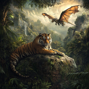 Create an image of a relaxed tiger on a rock with a dragon soari...