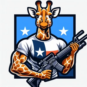 muscular giraffe wearing a texas flag t-shirt holding a rifle